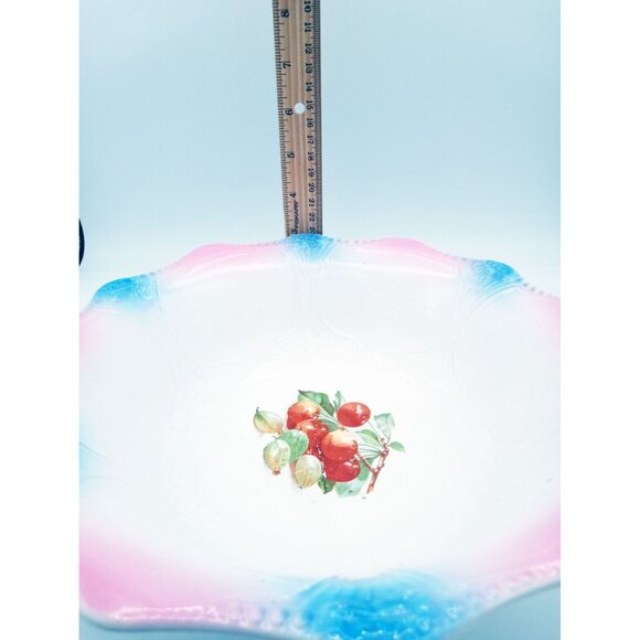 Serving Bowl SC Co Akron Pink Blue Scalloped Edge Cherries 10.5" 1940s Antique - Picture 4 of 15
